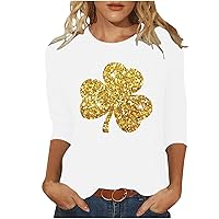 St Patricks Day Shirt for Women 3/4 Sleeve Tops Holiday Gold Glitter Shamrock Clover T-Shirt Casual Loose Dressy Blouses