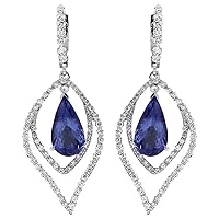 9.67 Carat Natural Blue Tanzanite and Diamond (F-G Color, VS1-VS2 Clarity) 14K White Gold Luxury Dangle Earrings for Women Exclusively Handcrafted in USA