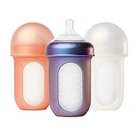 Boon Nursh Reusable Silicone Baby Bottles with Collapsible Silicone Pouch Design - Everyday Baby Essentials - Stage 2 Medium Flow Baby Bottles - Metallic - 8 Oz - 3 Count