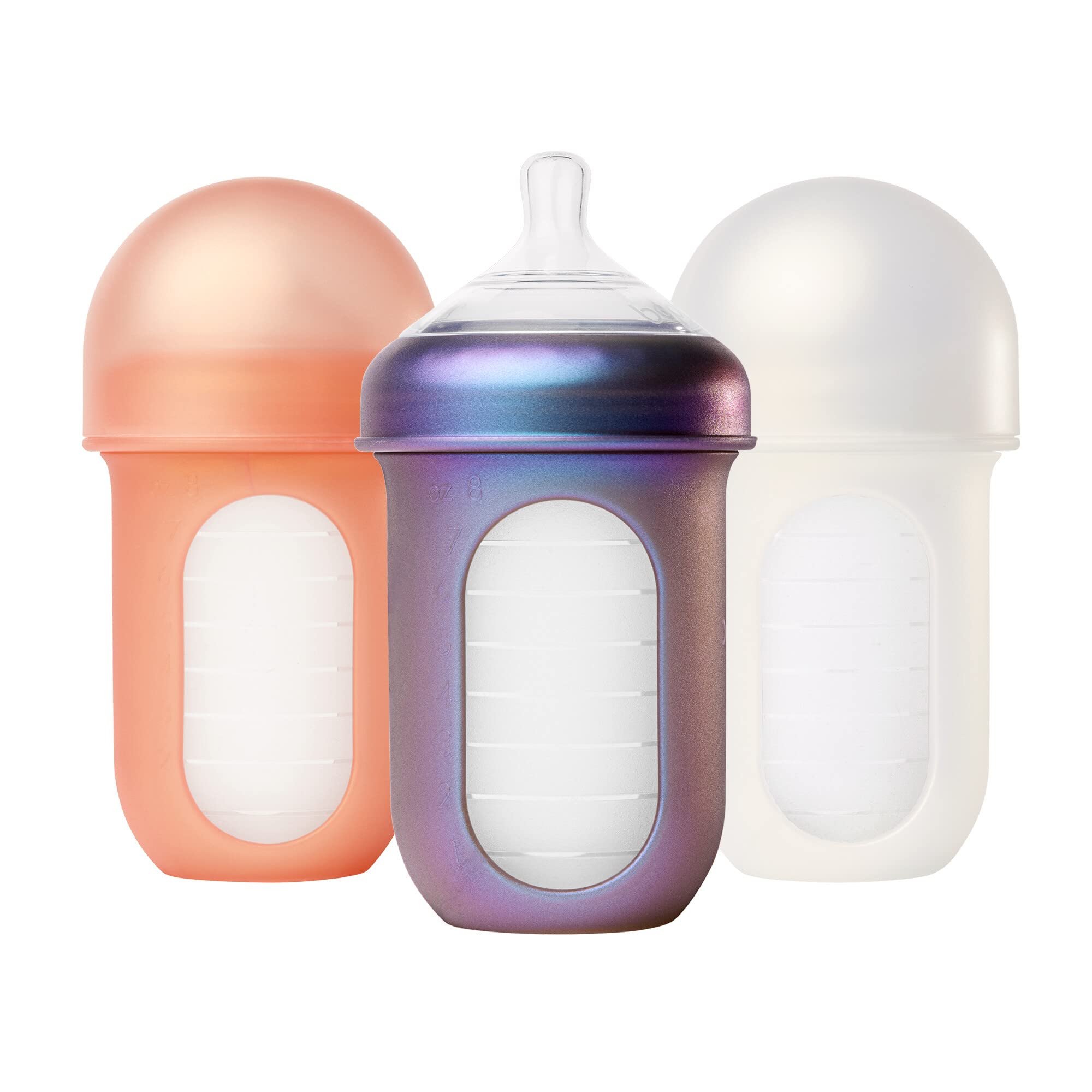 Boon NURSH Reusable Silicone Baby Bottles with Collapsible Silicone Pouch Design — Everyday Baby Essentials — 3 Count — Stage 2 Medium Flow — 8 Oz — Metallic