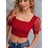 Women's Tops Sexy Tops for Women Shirts Square Neck Puff Sleeve Top (Color : Red, Size : Small)