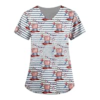 4Th July Shirts for Women Short Sleeve Scrubs V-Neck Independence Day Printed Pocket Top