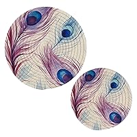 Beautiful Peacock Feather Round Cotton Trivets Stylish Absorbent Coaster Set Pot Holders Drink Coasters for Boho Home Bar Decor-2Pcs