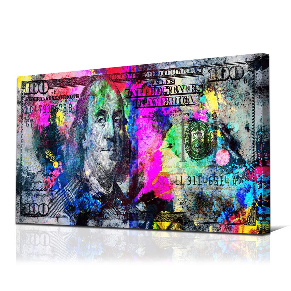 JUSTBR 100 Dollars Bill Wall Art Canvas Print Office Decor Money Inspirational Wall Art Money Pop Art Entrepreneur Motivational 100 Bill Cash Benja...