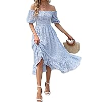 Women's Chiffon Dress 2023 Summer Boho Floral Printed Square Neck with Off Shoulder Party Long Maxi Dress