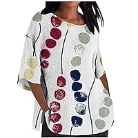 3/4 Sleeve Tops for Women Casual Side Split Shirt Trendy Lightweihgt Cotton Linen Blouses Loose Fitted Crew Neck Tshirts Tees