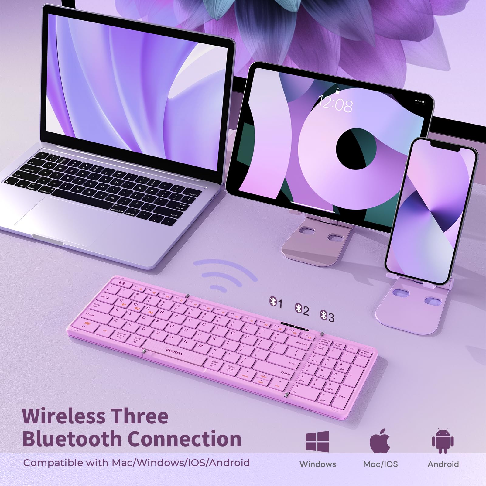 seenda Foldable Bluetooth Keyboard for Travel, Portable Wireless Folding Keyboard with Number Pad, Full-Size Rechargeable Keyboard for Laptop Tablet PC Mac Windows iOS Android - Purple Pink