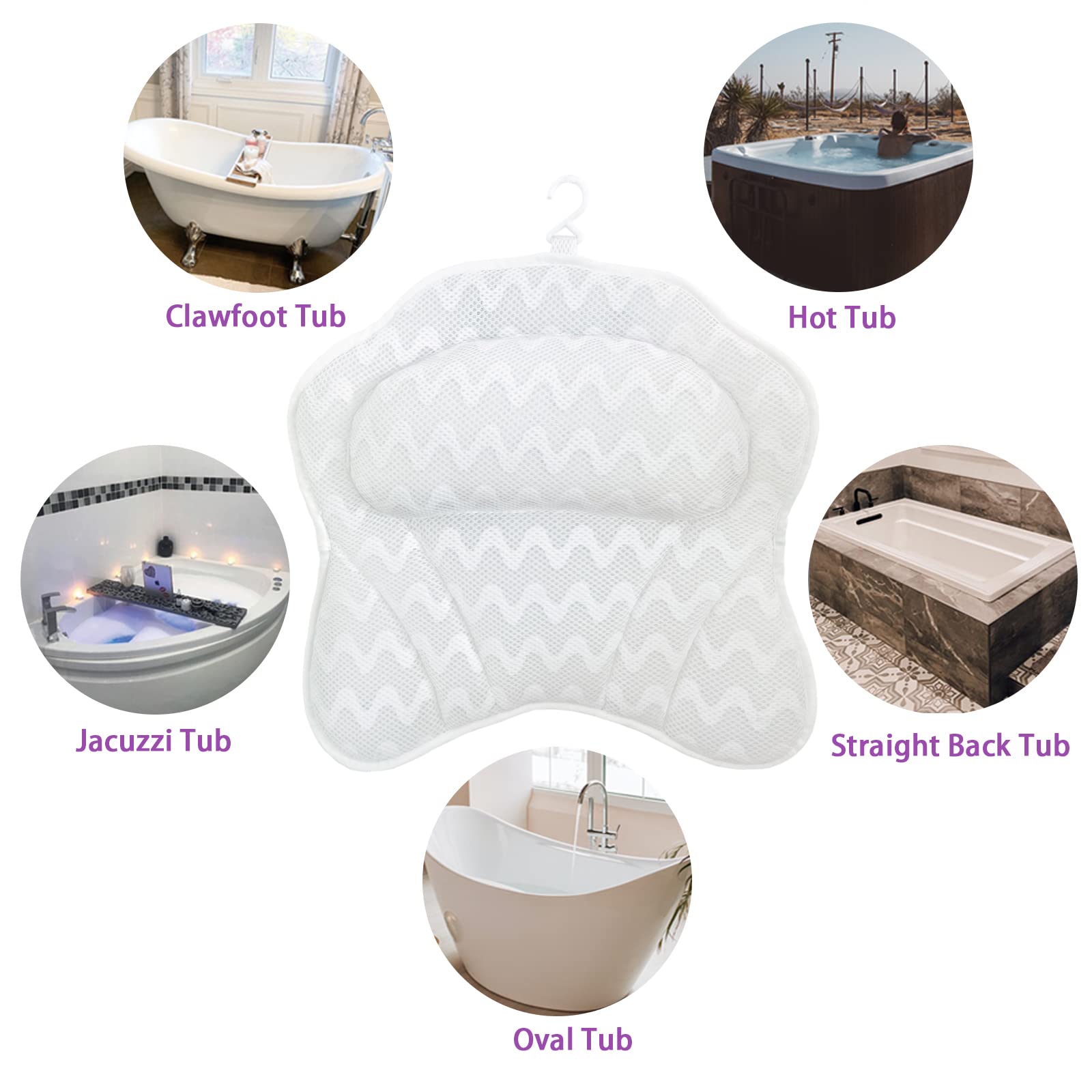 AEROiVi Bath Pillows for Tub Neck and Back Support, Bathtub Pillow with Headrest Cushion, 6 Non Slip Suction Cups
