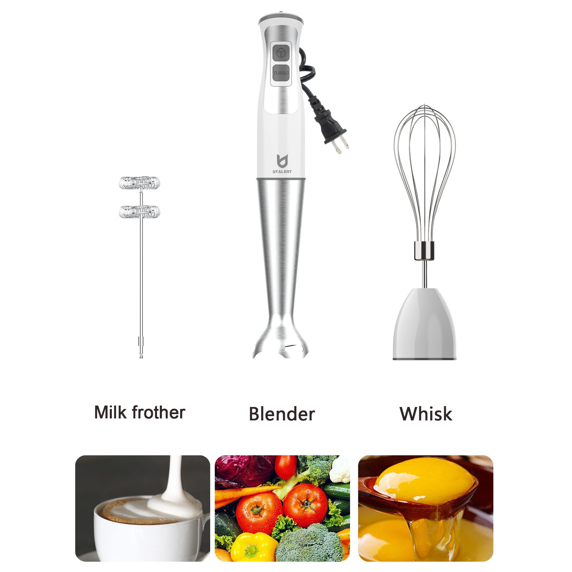 Immersion Hand Blender, UTALENT 3-in-1 8-Speed Stick Blender with Milk Frother, Egg Whisk for Smoothies, Coffee Milk Foam, Puree Baby Food, Sauces and Soups - White