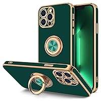 Hython for iPhone 13 Pro Case with Ring Holder Stand Magnetic Kickstand, [Soft Microfiber Lining] Plating Rose Gold Soft TPU Bumper Camera Protection Shockproof Protective Phone Cases, Midnight Green