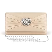 Evening Bags For Women Pleated Satin Rhinestone Brooch Prom Clutch Purse With Detachable Chain Strap