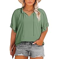 Eytino Womens Plus Size Tops Summer Ruffle Short Sleeve V Neck Drawstring Blouse Casual Tunic Shirts(1X-5X)