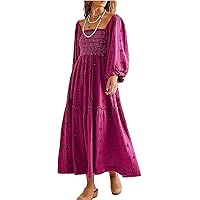 Women's Boho Flowy Maxi Dress with Puff Long Sleeve, Square Neck, Embroidered Swing, and Tiered Design