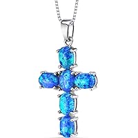 PEORA Created Blue Opal Cross Pendant Necklace for Women 925 Sterling Silver, 3 Carats total Oval Shape, with 18 inch Chain