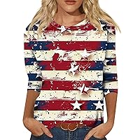 Plus Size Casual 3/4 Sleeve Tops for Women Indenpendence Day Summer 2024 Trendy Flag Day Tees Blouse