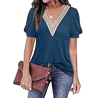 Womens Tops Casual Cute Tops Puff Sleeve Summer Tops 2024 Trendy Floral Print Lace V Neck Short Sleeve Shirts