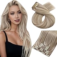 Moresoo Seamless Hair Extensions Clip in Human Hair Highlight Blonde PU Weft Clip in Human Hair Extensions Light Brown with Blonde Highlight Clip in Hair Extensions 18inch 7Pieces 120Gram