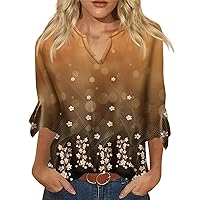Ladies Summer Tops and Blouses 2023,Fall 3/4 Length Sleeve Womens Tops Casual 3/4 Length Sleeves V-Neck Lace Floral T-Shirt