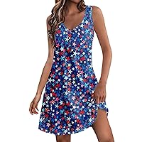 V-Neck Dress Womens Casual Sleeveless Fashion Independence Day Print Women's Loose Vest and Pocket Outdoor Midi Dress