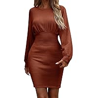 Womens Crew Neck Lantern Long Sleeve Cutout Ribbed Knitted Slouchy Cozy Pullover Jumper Sweater Mini Dress
