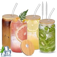 Drinking Glasses with Bamboo Lids and Glass Straw 4Pcs Set - 16Oz Can  Shaped Gla