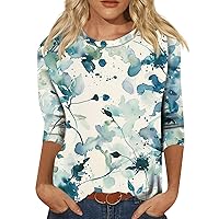 Womens Tops Fashion 3/4 Sleeve Round Neck Cute Shirts Casual Trendy Print Blouses Three Quarter Length T Shirt