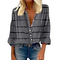 Button Down Shirts for Women Casual 3/4 Sleeve Trendy Striped Shirt Women Comfort Drop Shoulder Plus Size Blouse