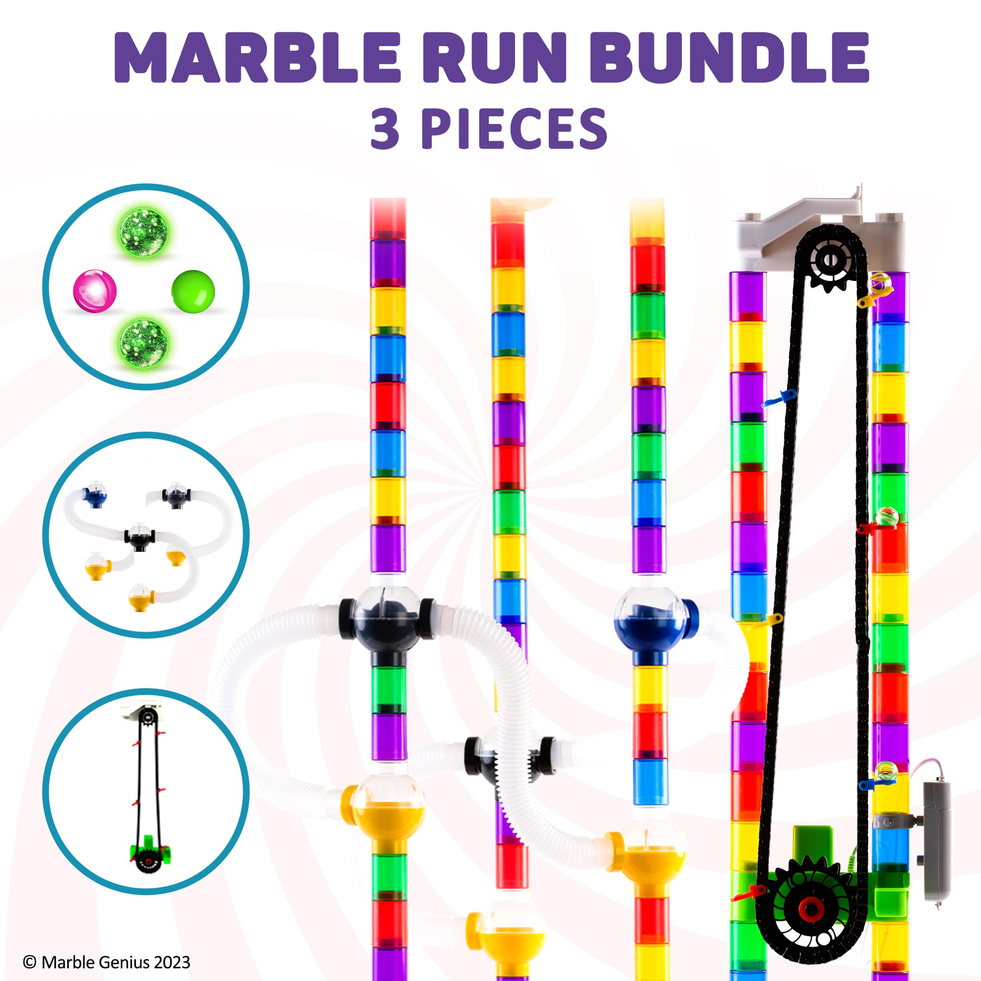 Marble Genius Bundle: Marble Glow Run Race Track Set Glow in The Dark, Automatic Chain Lift, Marble Run Pipes & Spheres Accessory, Experience The Thrills of Marble Racing