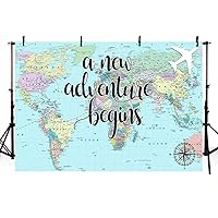 MEHOFOTO A New Adventure Begins Travel Boy Baby Shower Party Decorations Backdrop World Map Around World Adventure Awaits Airplane Birthday Bridal Shower Photography Background Photo Banner 7x5ft