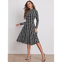 Fall Dresses for Women 2022 Mock-Neck Grid Flare Midi Dress (Color : Black and White, Size : Small)