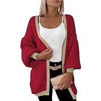 Women's Contrast Color Mid-Length Unbuttoned Casual Style Cardigan Drop Shoulder Long Sleeve Loose Jacket, S-2XL