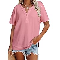 Dokotoo Womens Casual Short Sleeve Waffle Knit V Neck Button Down Shirts Side Slits Loose Tunic Tops Blouses