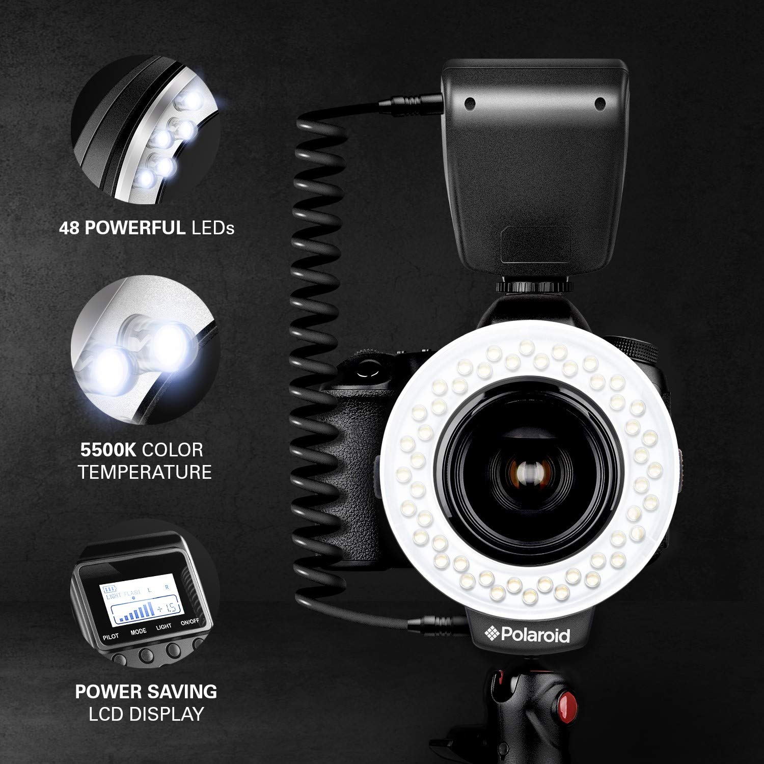 Polaroid 48 Macro LED Ring Flash & Light Includes 4 Diffusers (Clear, Warming, Blue, White) For Canon, Nikon, Panasonic, Olympus, Pentax SLR Camera