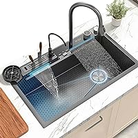 Kitchen Sinks,Stainless Steel Sink with Holder Kitchen Sink Digital Waterfall Faucet Large Single Bowl Sink Includes Cup Washer and Other Accessories/Black/75 * 46 * 22Cm