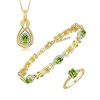 Rylos Love Knot Set: Gold Plated Silver Tennis Bracelet, Ring & Necklace. Gemstone & Diamonds, Adjustable 7