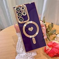 Bonoma Magnetic Case for Samsung Galaxy S23 Ultra Compatible with MagSafe, Cute Love Heart Luxury Plating Back Cover with Edge Elegant Aesthetic Hearts Pattern Silicone Phone Case-Purple
