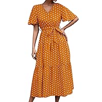 GRASWE Women's Short Sleeve Dot Print Dress Floral Print Casual Dress V Neck Fit Dresses