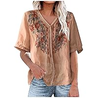 Women's Floral Embroidery Loose Shirts Summer Lace Trim V Neck Short Sleeve Tops Babydoll Back Lightweight Blouses