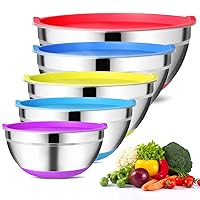Mixing Bowls with Airtight Lids (Set of 5) Stainless Steel Mixing Bowl Set, Non Slip Colorful Silicone Bottom Nesting Storage Bowls, Great for Mixing & Prepping 1.5-2.5-3-5-8 QT