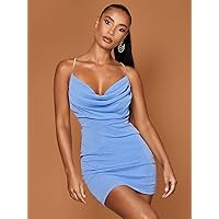 Summer Dresses for Women 2022 Draped Collar Rhinestone Chain Strap O-Ring Backless Cami Dress Dresses for Women (Color : Blue, Size : Medium)