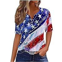 Womens 4th of July Tops Trendy Summer Henley V Neck Buttons Shirts Short Sleeve Dressy Blouses USA Flag T-Shirts