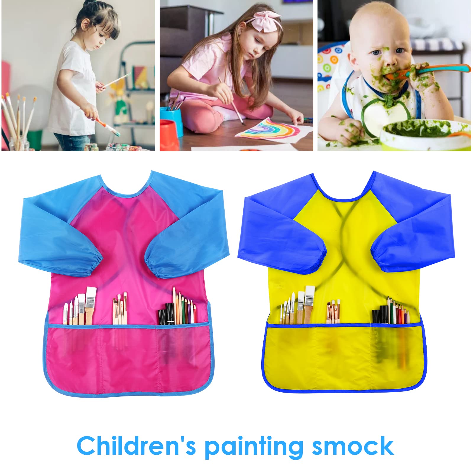 Lusofie 2 Pack Kids Art Smock Children Painting Apron Waterproof Long Sleeve Toddler Aprons with 3 Pockets Girls Boys Toddler Smocks for Painting Craft Eating Water Play