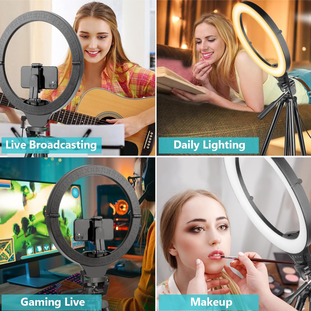 Sensyne 14'' Ring Light with 50'' Extendable Tripod Stand, LED Circle Lights with Phone Holder for Live Stream/Makeup/YouTube Video/TikTok, Compatible with All Smartphones