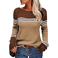 Women's Sweaters Fashion Knit Striped Colorblocked Round Neck Sweater Crochet Casual Tops, S-2XL