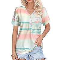 Dresswel Tie Dye Shirt Women Henley Shirt Summer Color Block V Neck T Shirts Short Sleeve Button Up Shirts Casual Beach Tops