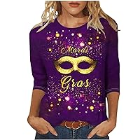 Mardi Gras Shirts for Women 3/4 Sleeve Crewneck Parade Blouse 2024 Carnival Themed Clothes Mask Printed fir Mom