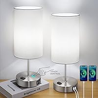Set of 2 Touch Control Table Lamps with 2 USB Charging Ports&AC Outlet, 3-Way Dimmable Bedside Nightstand Lamps with White Fabric Lampshade for Reading, Bedroom, Living Room, A19 LED Bulbs Included