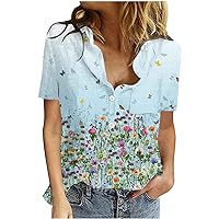 Blouses for Women Fashion 2023, Ribbed Tank Top Women's Blouses and Tops Casual Basic Tops V Neck Summer Short Sleeve T-Shirt Casual Button Neck Loose Fit Tops Comfy Cotton Linen (S, Blue-1)