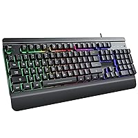 Pauroty Gaming Keyboard Metal, Rainbow LED Backlit Silent Keyboard with Wrist Rest, 104 Quiet Membrane Keys, Multimedia Keys,19 Anti-ghosting Keys, Waterproof, USB Wired Keyboard for Windows PC Gamer