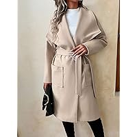 Women's Jackets Waterfall Collar Dual Pocket Belted Overcoat Women Jackets (Color : Khaki, Size : X-Small)